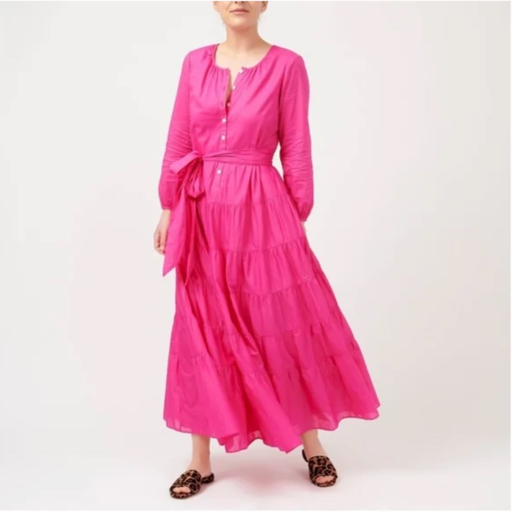 J.Crew Belted Button-up Maxi in Neon Flamingo Pink Tiered Cotton Dress